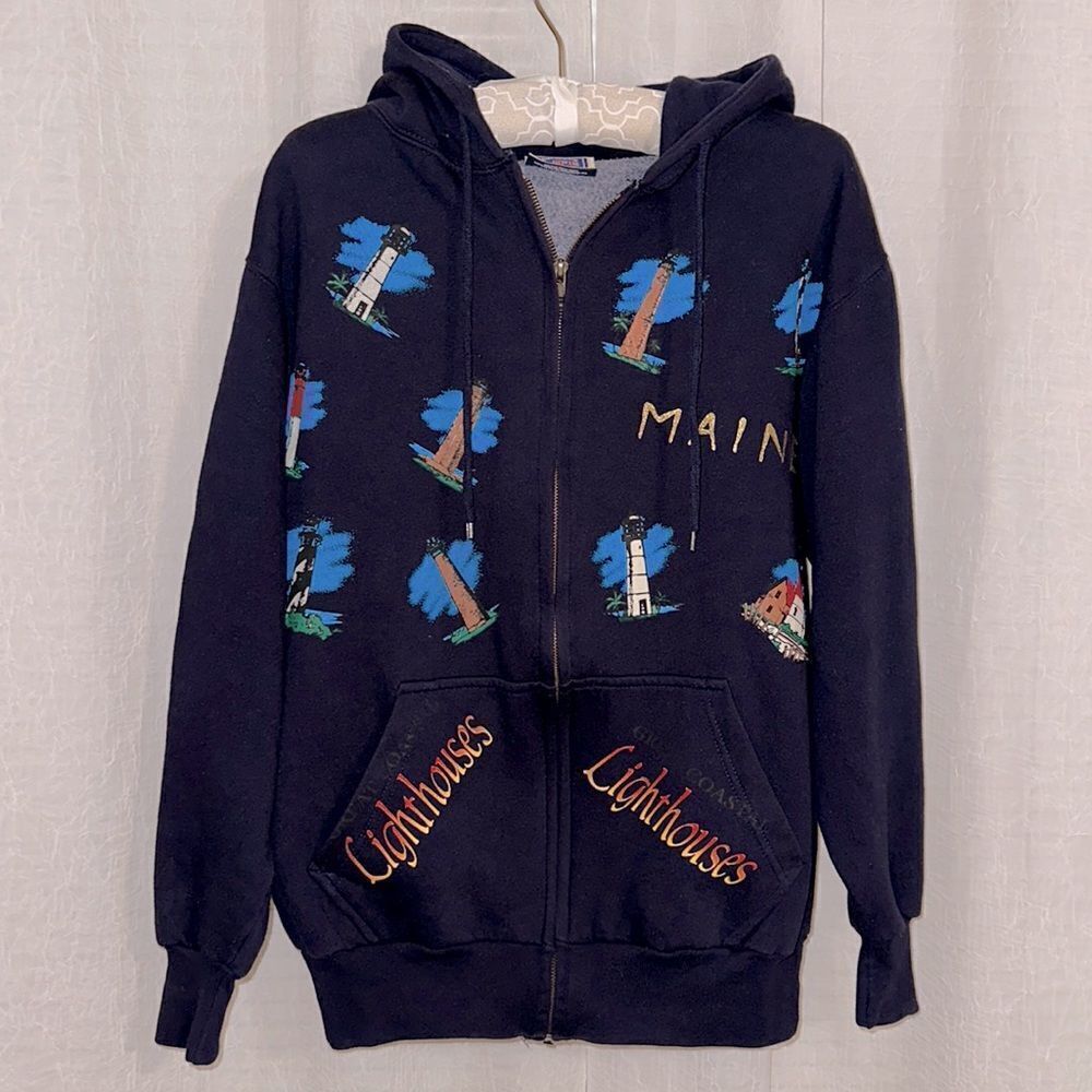ALA S Navy Maine Great Coastal Lighthouses Full Zip Cotton Fleece Inner Hoodie